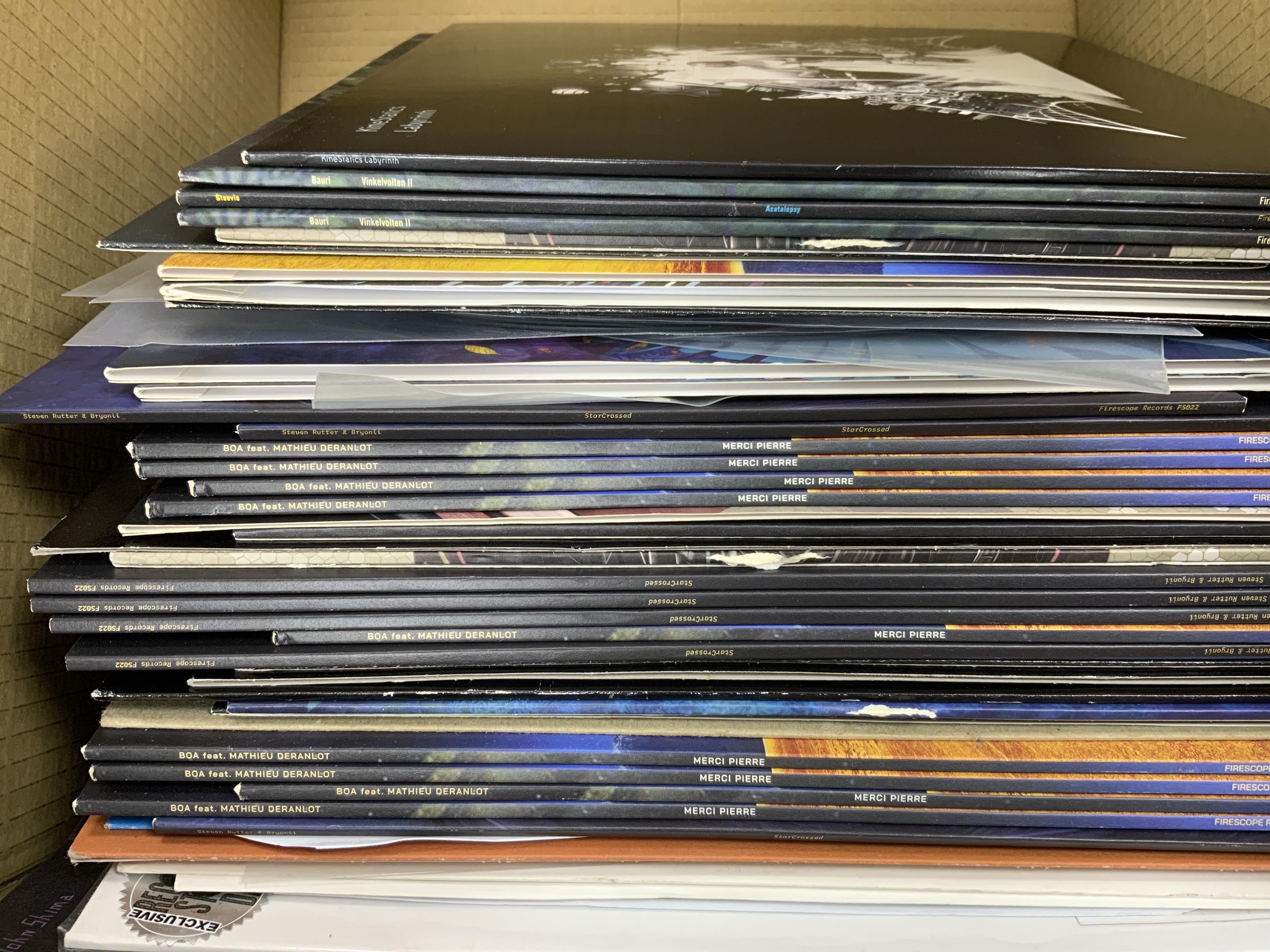 Ninety LP record albums, 12” and 7” singles, etc. artists including; David Bowie, Jimi Hendrix, the Beatles, AC/DC, Fleetwood Mac, Status Quo, etc. together with a number of duplicate issues of modern drum and bass etc i